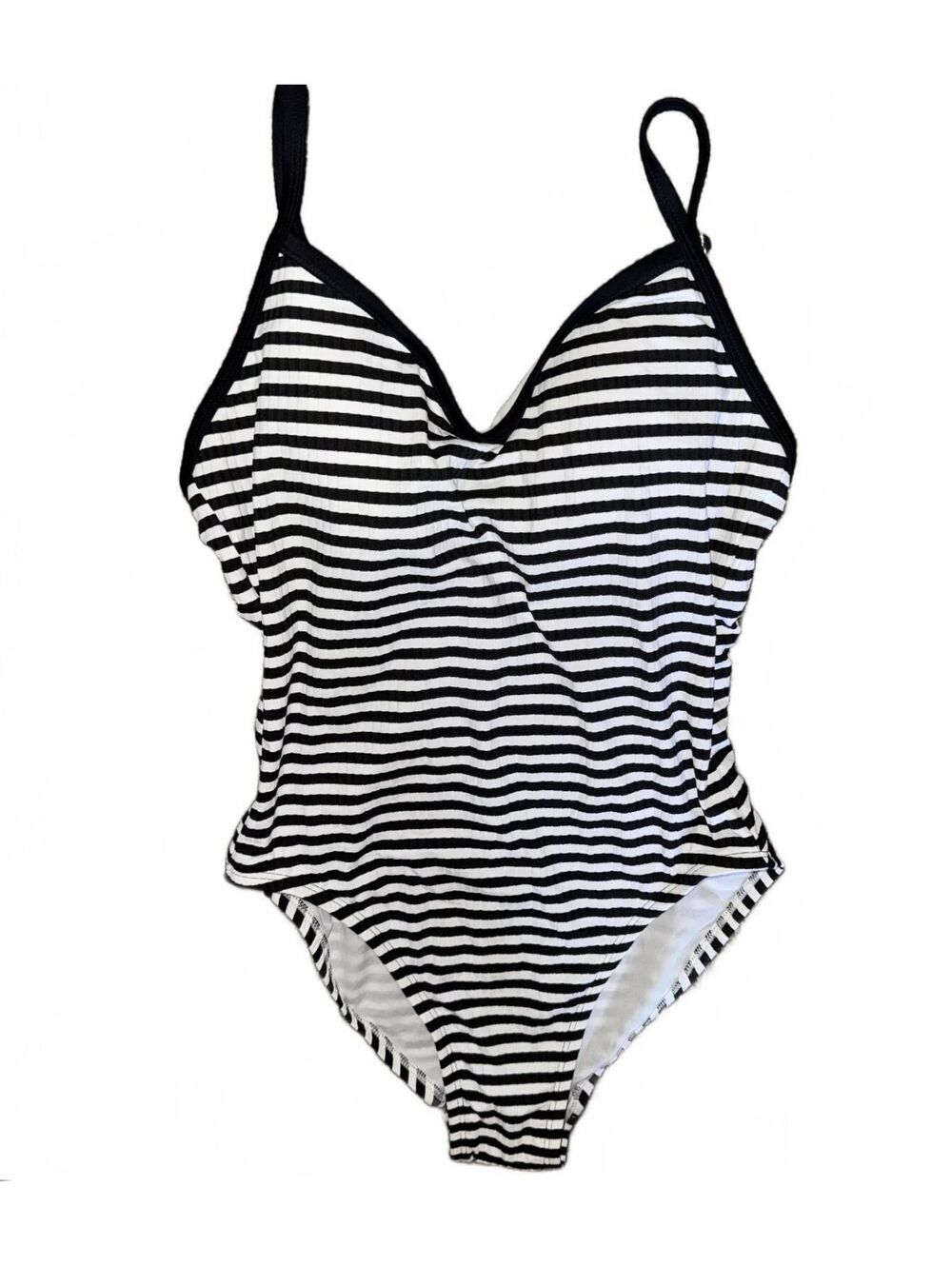 Shade & Shore One Piece Swimsuit Black and White Striped V-neck NWT Size Small